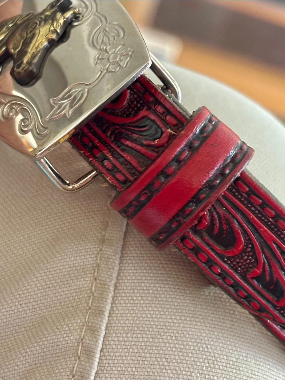 Circle Y of Yokum Vintage Tooled Red Leather Western Belt & Buckle - Child Size
